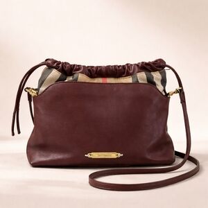 Burberry Leather & House Check Drawstring Crossbody Bag Brown Gold Hardware